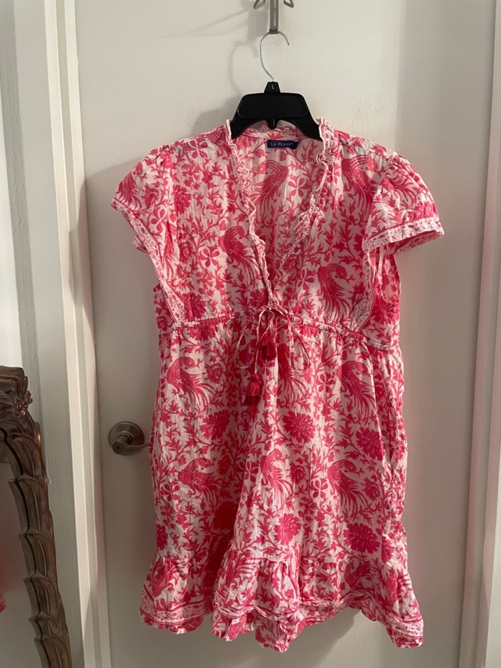 La Plage med pink white rooster print drawstring trim popover dress  cover up